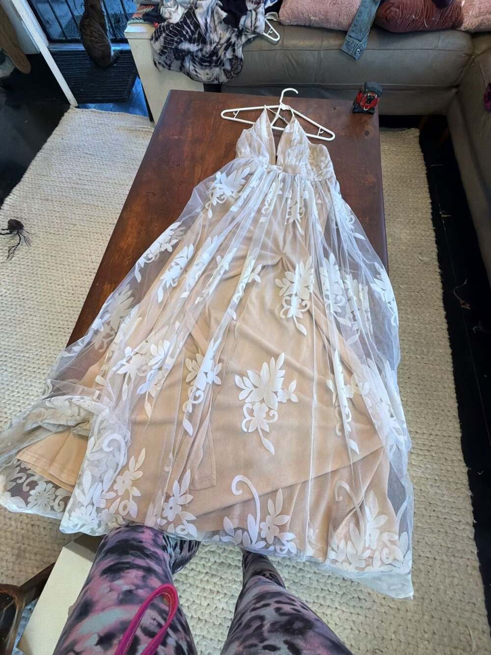 LUXXEL Floral Lace Halter Maxi Dress with Nude Underlay